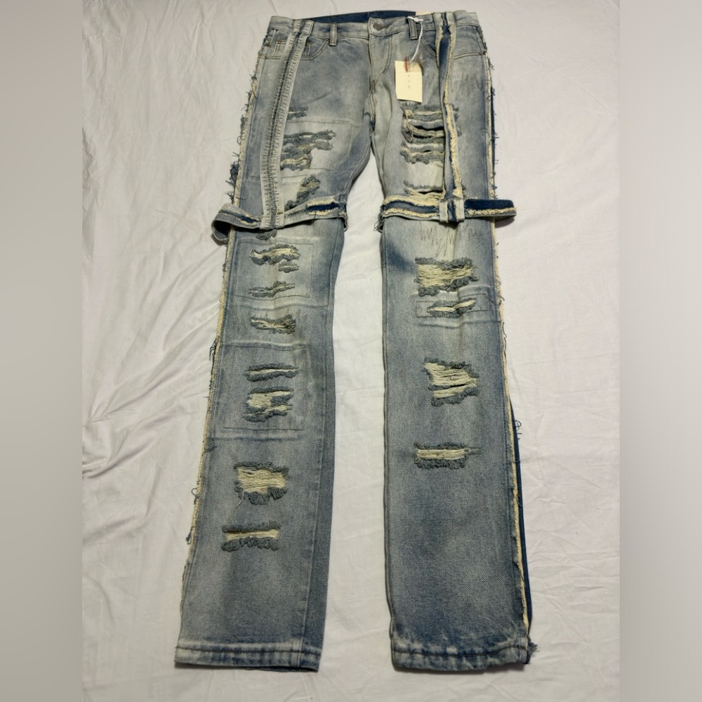 Mnml Men's D150 Extra Distressed Relaxed Fit Denim Jeans Blue Sz 33 New